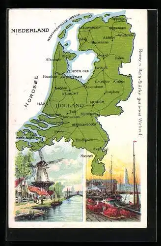 AK Niederlande, Hafenpartie, Windmühle, Kartografie von Holland