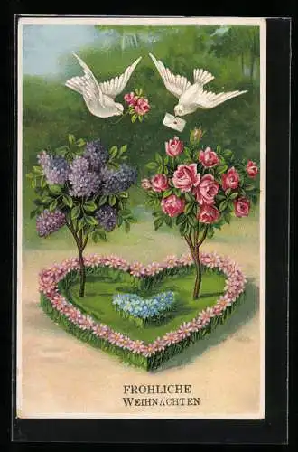 Lithographie Blumenbild Tauben mit Fliederbaum und Rosenstrauch