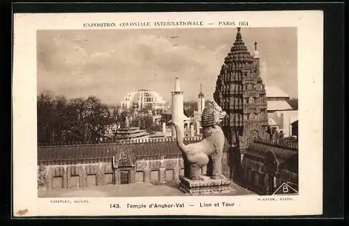 AK Paris, Exposition coloniale internationale 1931, Temple d`Angkor-Vat, Lion et Tour