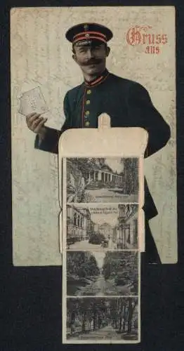 Leporello-AK Baden-Baden, Briefträger mit Ansichten von Schloss, Conversationshaus, Grossherzogl. Trinkhalle