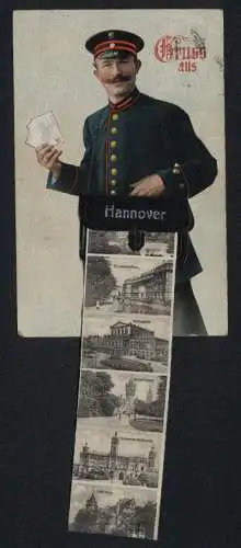 Leporello-AK Hannover, Briefträger mit Ansichten von Georgstrasse, Provinzialmuseum, Residenzschloss und Hoftheater