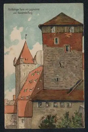 Klapp-AK Nürnberg, Fünfeckiger Turm mit Luginsland und Kaiserstallung, Aus der Folterkammer