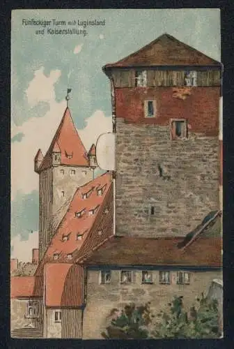 Klapp-AK Nürnberg, Fünfeckiger Turm mit Luginsland und Kaiserstallung, Aus der Folterkammer