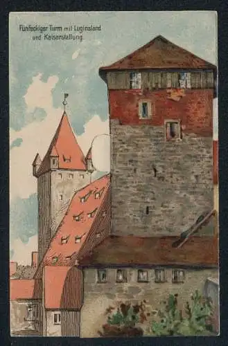 Klapp-AK Nürnberg, Fünfeckiger Turm mit Luginsland und Kaiserstallung, Aus der Folterkammer