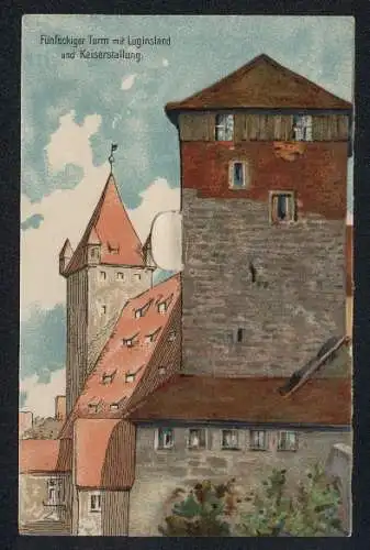 Klapp-AK Nürnberg, Fünfeckiger Turm mit Luginsland und Kaiserstallung, Aus der Folterkammer