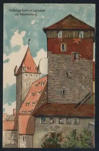 Klapp-AK Nürnberg, Fünfeckiger Turm mit Luginsland und Kaiserstallung, Aus der Folterkammer