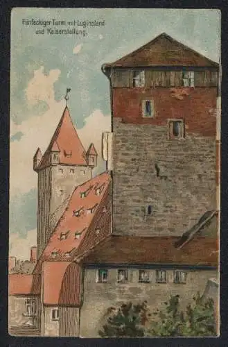 Klapp-AK Nürnberg, Fünfeckiger Turm mit Luginsland und Kaiserstallung, Aus der Folterkammer