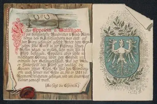 Mechanische-Künstler-AK Nürnberg, Ritter Eppelein v. Gailingen auf seinem Pferd, Spruch
