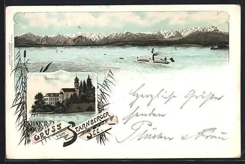 Lithographie Starnberg, Starnberger See, Bernried mit Kirche