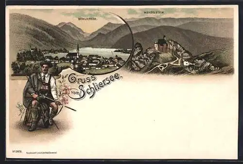 Lithographie Schliersee, Teilansicht mit Kirche, Wendelstein