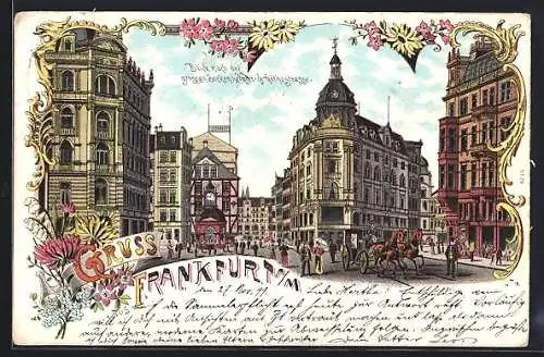 Lithographie Frankfurt a. M., Blick nach der grossen Bockenheimer- und Göthestrasse