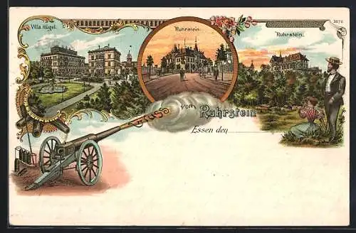 Lithographie Essen, Ruhrstein, Villa Hügel, Geschütz mit Munition