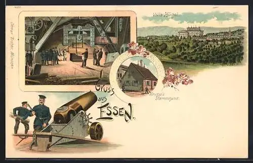 Lithographie Essen, Krupp Maschinenfabrik, Montage von Kanonen, Villa Hügel, Krupp`s Stammhaus