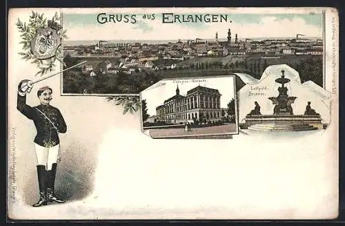 Lithographie Erlangen, Teilansicht, Collegien-Gebäude, Luitpold-Brunnen