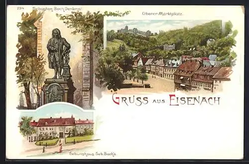 Lithographie Eisenach, Sebastian Bach Denkmal, Oberer Marktplatz, Geburtshaus Bach`s