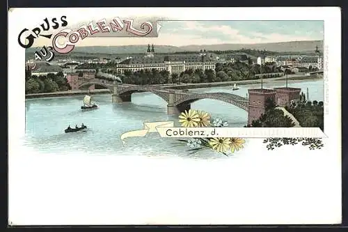 Lithographie Coblenz, Flusspartie mit Brücke