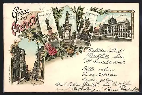 Lithographie Crefeld, Postamt, Hochstrasse, Bismarck-Denkmal