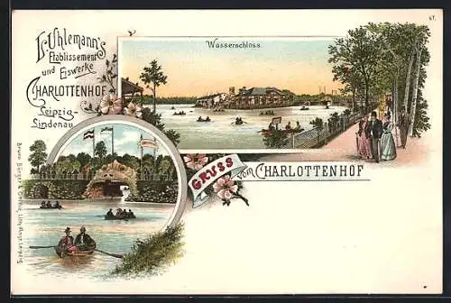 Lithographie Leipzig-Lindenau, Gasthaus Charlottenhof, Wasserschloss