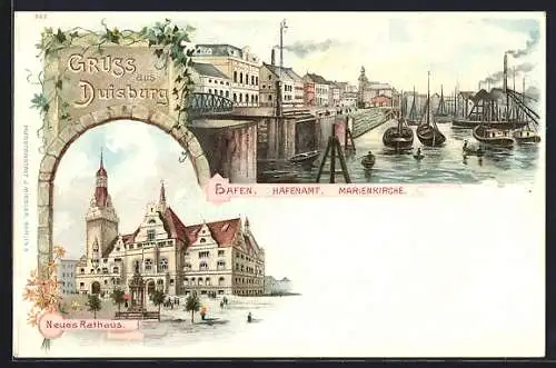 Lithographie Duisburg, Hafen, Hafenamt, Marienkirche