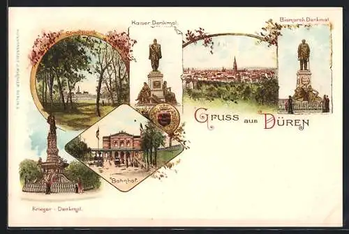 Lithographie Düren, Krieger-Denkmal, Bahnhof, Bismarck-Denkmal, Kaiser-Denkmal, Stadtpark