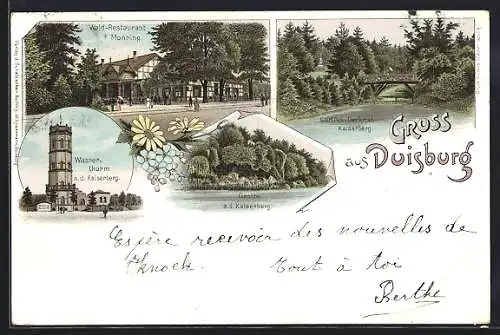 Lithographie Duisburg, Wald-Restaurant Monning, Curtius-Denkmal Kaiserberg, Wasserturm auf dem Kaiserberg