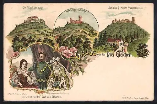 Lithographie Wandersleben, Schloss Gleichen, Die Wachsenburg, Mühlberger Gleiche