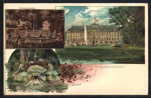 Lithographie Donaueschingen, Ansicht vom Schloss, Donauquelle