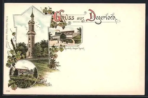 Lithographie Degerloch, Turm, Zahnradbahn Stuttgart-Degerloch