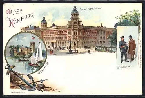 Lithographie Hamburg-Uhlenhorst, Café Uhlenhorster Fährhaus, Haupt Postgebäude