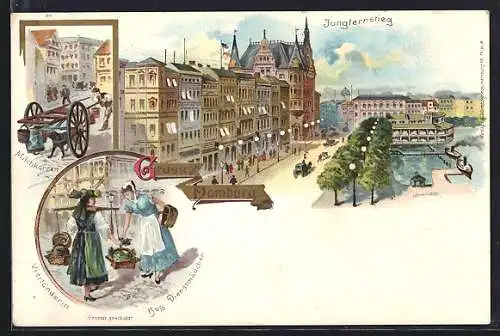 Lithographie Hamburg-Neustadt, Jungfernstieg, Milchkarren, Hamburger Dienstmädchen und Vierländerin