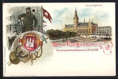 Lithographie Hamburg, Einweihung des Neuen Rathauses 1897, Seemann am Steuerrad