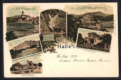 Lithographie Halle a. S., Burg Giebichenstein, Moritzburg, Bad Wittekind, Reilsburg v. d. Bergschänke