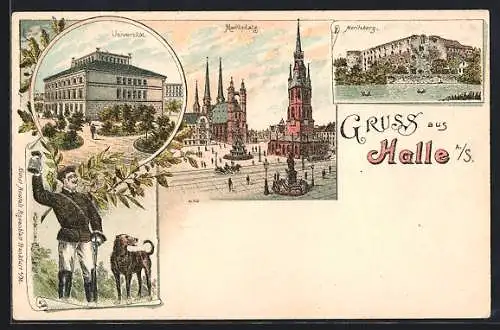 Lithographie Halle / Saale, Blick auf Marktplatz, Universität und Moritzburg