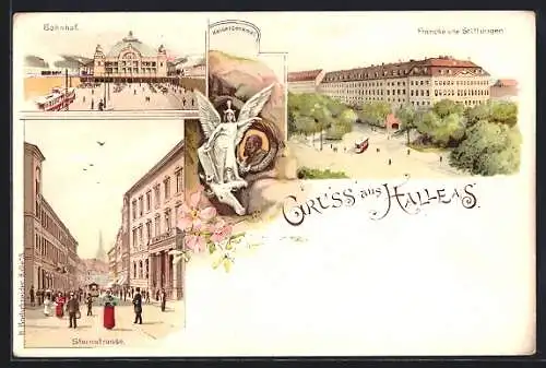 Lithographie Halle a. S., Francke`sche Stiftungen, Bahnhof, Kaiserdenkmal