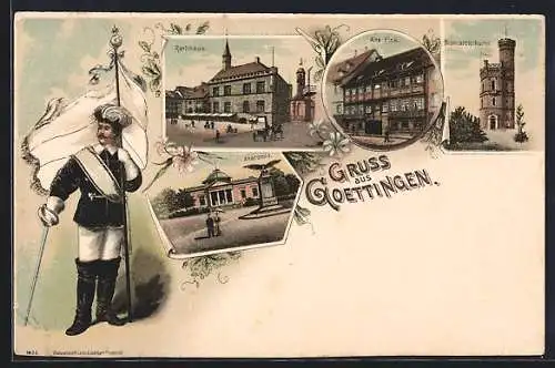 Lithographie Goettingen, Gasthaus Alte Fink, Rathaus, Bismarckturm