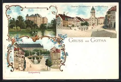 Lithographie Gotha, Oberer Hauptmarkt, Schlossberg