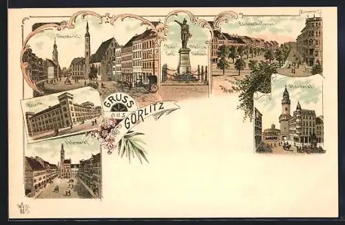 Lithographie Görlitz, Kaserne, Obermarkt, Elisabethstrasse