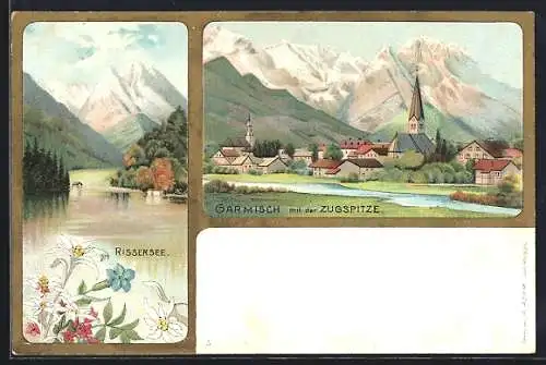 Lithographie Garmisch, Ortsansicht mit der Zugspitze, Rissersee