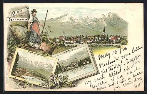 Lithographie Garmisch, Teilansichten mit Eibsee und Badersee