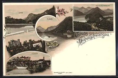 Lithographie Hohenschwangau, Alpsee, Plansee, SChloss Hohenschwangau, Füssen