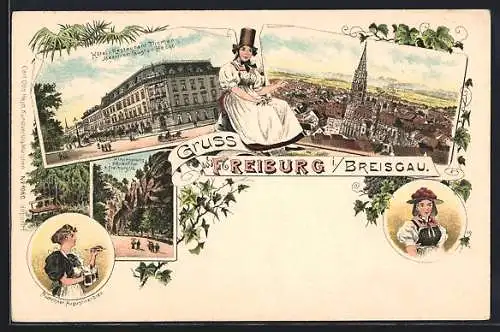 Lithographie Freiburg i. Breisgau, Hotel und Restaurant Thomann, Münchner Augustinerbräu