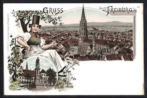 Lithographie Freiburg / Breisgau, Berthold Schwarz-Denkmal, Blick über die Dächer, Frau in typischer Tracht