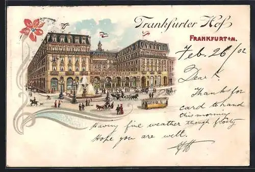 Lithographie Frankfurt a. M., Hotel Frankfurter Hof mit Strassenbahn