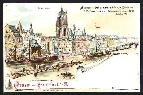 Lithographie Alt-Frankfurt, Anno 1864, Schweine-Schlächterei u. Wurst Fabrik C. G. Hartmann