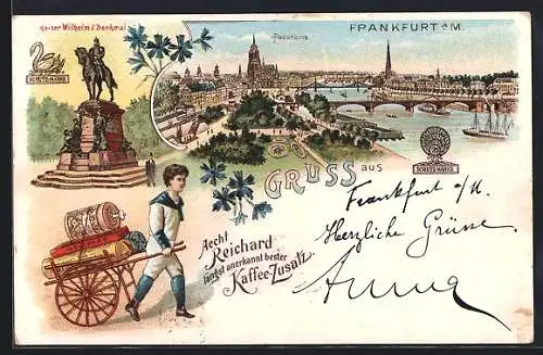 Lithographie Frankfurt a. M., Panorama mit Kirche, Kaiser Wilhelm I. Denkmal, Reklame für Aecht Reichard Kaffee-Zusatz