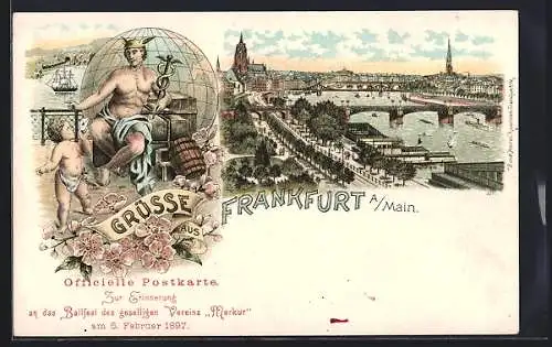 Lithographie Frankfurt a. Main, Ballfest des Vereins Merkur 1897, Teilansicht, Hermes und Kindlein mit Brief vor Globus