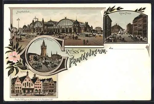 Lithographie Frankfurt, Blick zum Hauptbahnhof, Römer, Eschenheimer Turm & Kaiser-Strasse