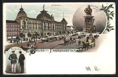 Lithographie Frankfurt, Postgebäude mit Strassenbahn, Kaiser Wilhelm II. Denkmal im Posthof