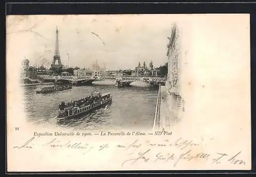 AK Paris, Exposition Universelle de 1900, La Passerelle de l`Alma, Ausstellung, Schiffe passieren die Brücke