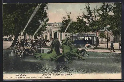 AK Santiago, Alameda Fuente del Neptuno, Strassenbahn
